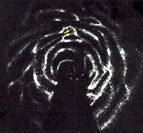 Concentrations of hydrogen gas within the spiral regions of the Milky Way, as detected by the 21-cm radio wave signature of excited atomic hydrogen; the yellow arrow points to the approximate distance from the galactic center where Earth would be located; the blank wedge represents that part of the Milky Way not visible to the radio telescope because of Earth blockage.